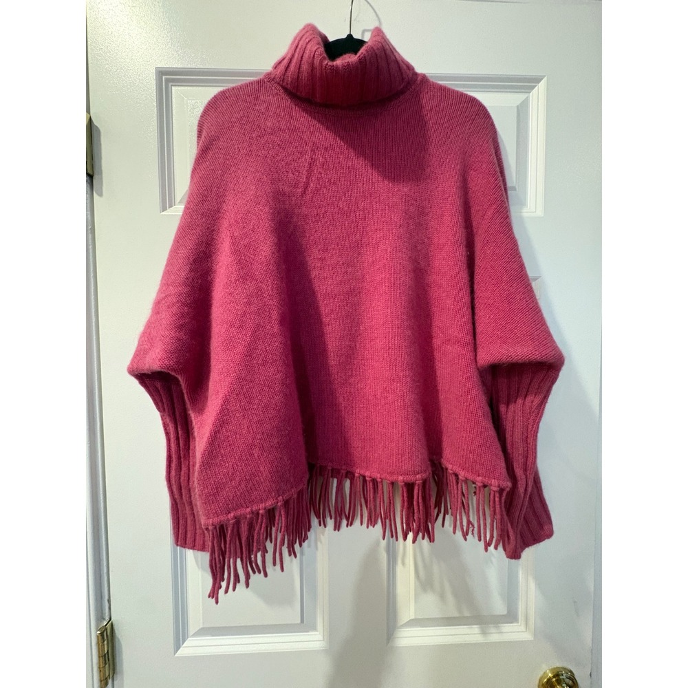 Mariele Waithe 100% Cashmere Pink Fringe Turtleneck Poncho Sweater RN 104647
